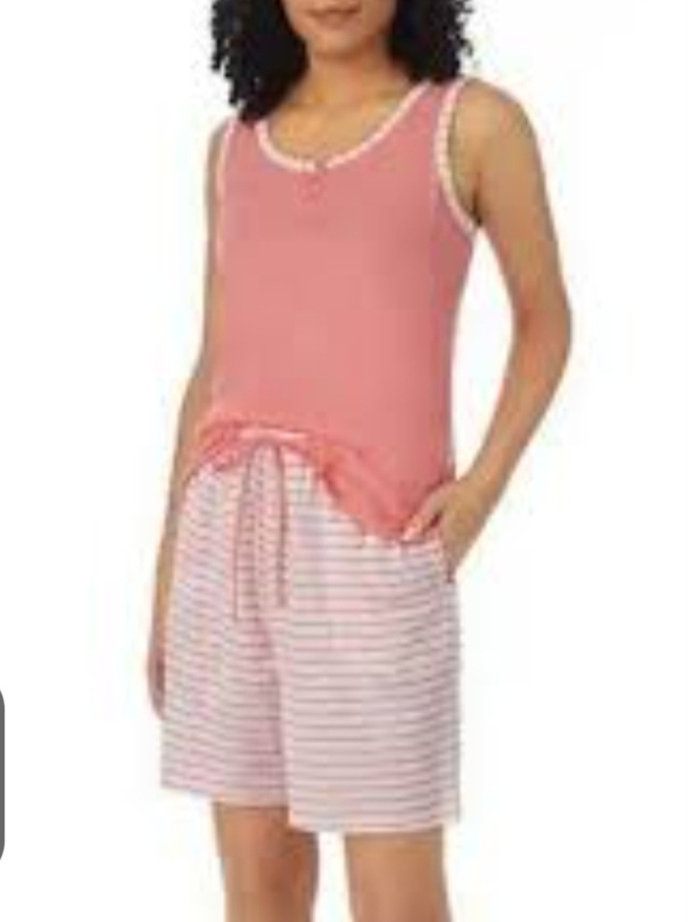 Carole Hochman Cotton Coral Pink Tank & Pink Stripe Lounge Short Set